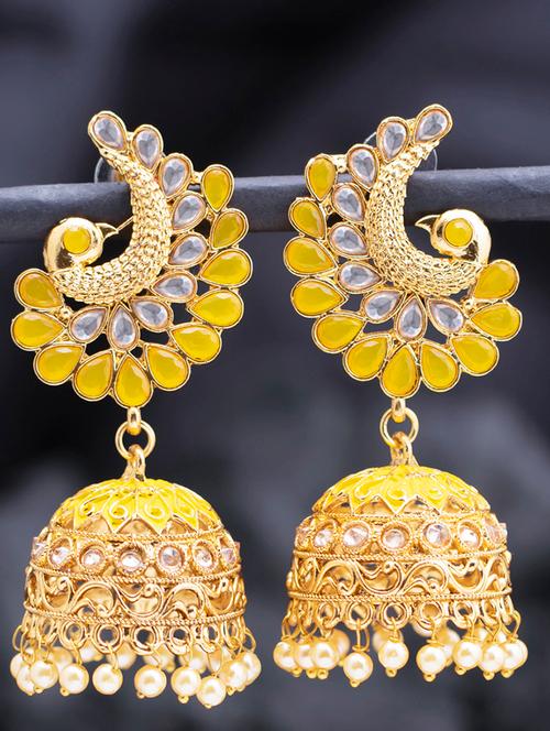 yellow metal jhumka earring - 18319996 - Very Small Image - 1