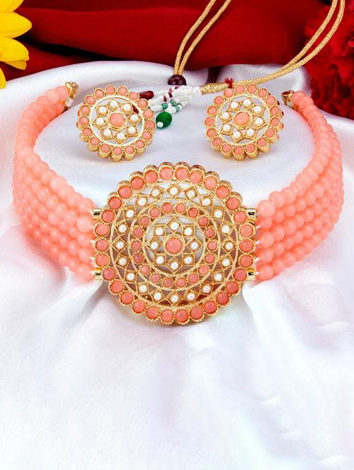pretty gold plated baby pink & white pearl choker necklace set - 18320157 - Very Small Image - 1
