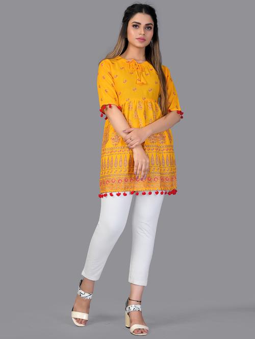 yellow printed a-line kurti - 18321721 - Very Small Image - 1