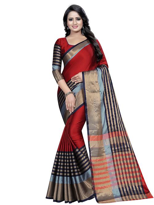 red cotton silk banarasi saree with blouse - 18321947 - Very Small Image - 1
