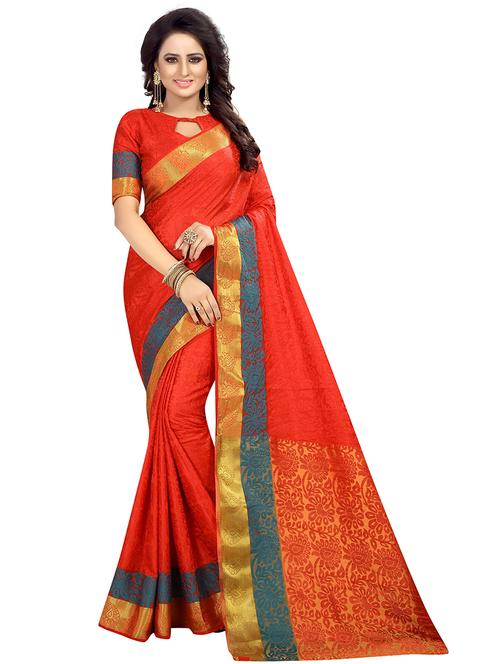red cotton silk banarasi saree with blouse - 18321964 - Very Small Image - 1