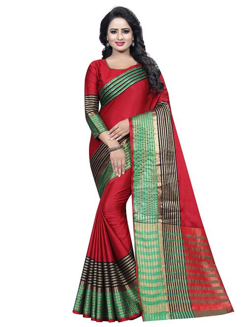 red cotton silk banarasi saree with blouse - 18322008 - Very Small Image - 1