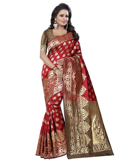 red cotton silk banarasi saree with blouse - 18322096 - Very Small Image - 1