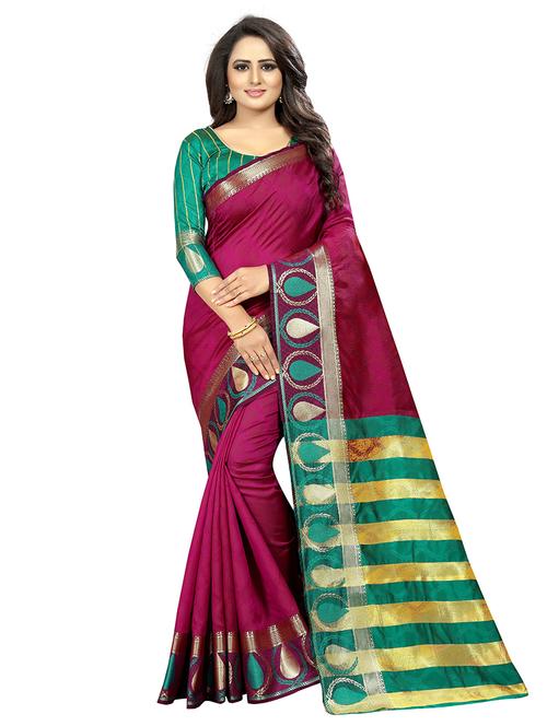magenta cotton silk banarasi saree with blouse - 18322141 - Very Small Image - 1