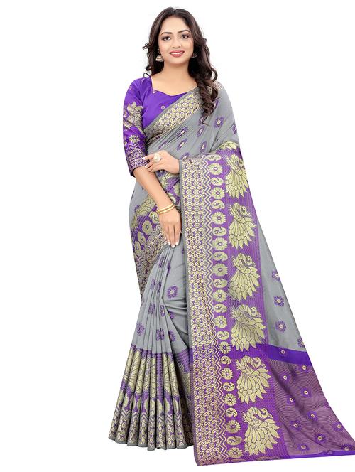 grey cotton silk banarasi saree with blouse - 18322142 - Very Small Image - 1