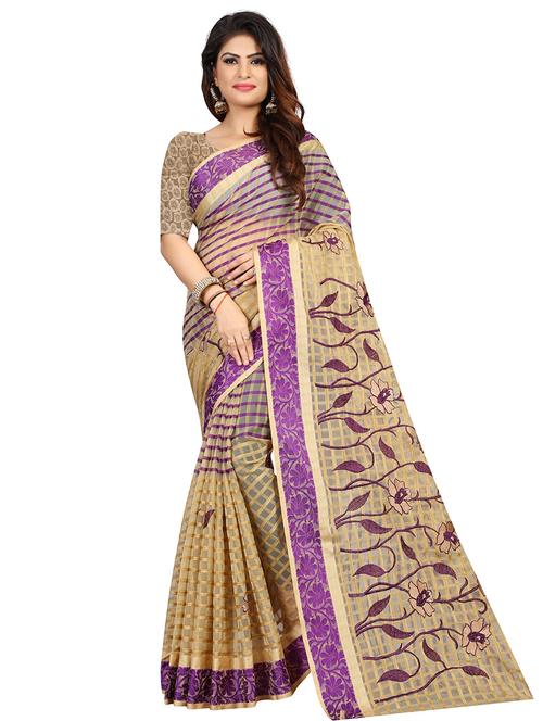 cream printed saree with blouse - 18322145 - Very Small Image - 1
