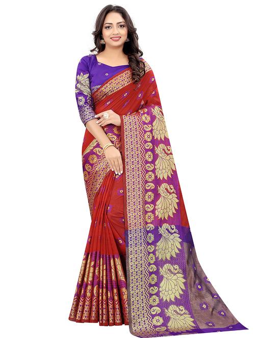 red cotton silk banarasi saree with blouse - 18322146 - Very Small Image - 1