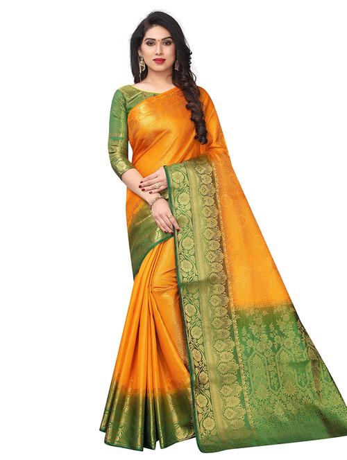 yellow banarasi saree with blouse - 18322230 - Very Small Image - 1