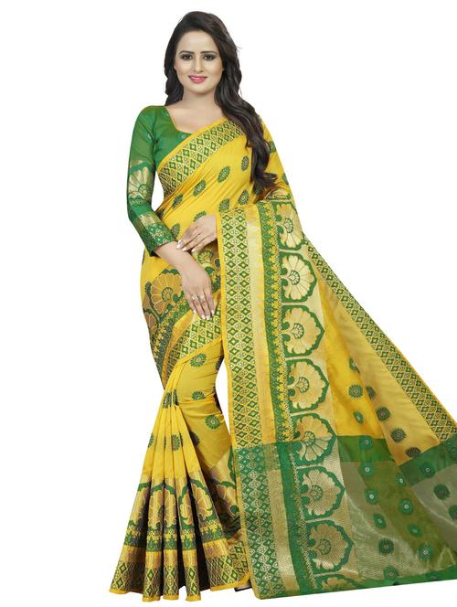 yellow cotton silk banarasi saree with blouse - 18322246 - Very Small Image - 1