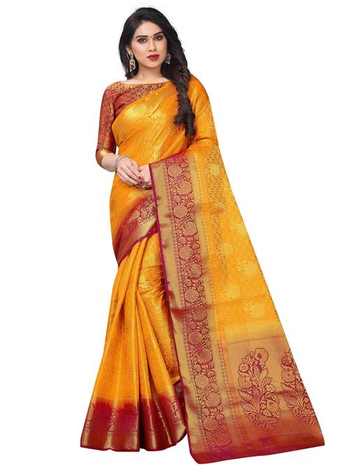 yellow banarasi saree with blouse - 18322302 - Very Small Image - 1