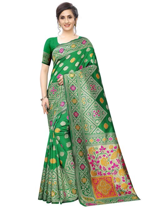 green cotton silk banarasi saree with blouse - 18322310 - Very Small Image - 1