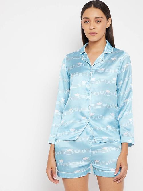 ladies blue and white printed night - 18322616 - Very Small Image - 1