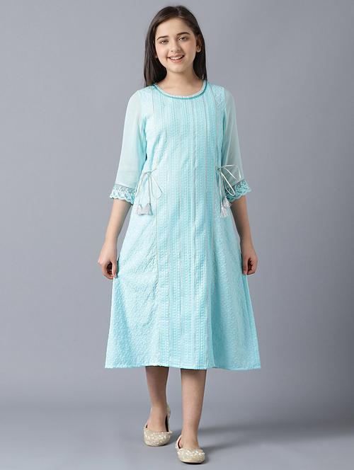 light blue embroidered a-line kurta - 18322628 - Very Small Image - 1