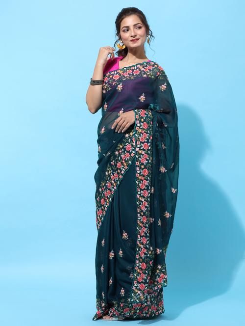 teal embroidered saree with blouse - 18322901 - Very Small Image - 1