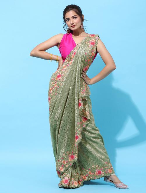 green net embroidered saree with blouse - 18322915 - Very Small Image - 1