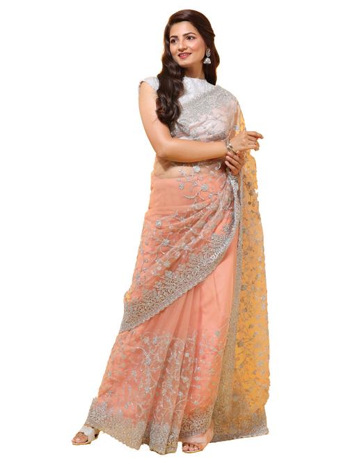peach net embroidered saree with blouse - 18322921 - Very Small Image - 1