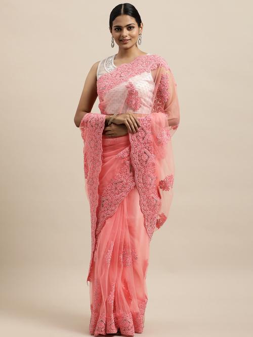 pink net embroidered saree with blouse - 18323129 - Very Small Image - 1