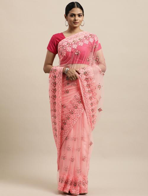 pink net embroidered saree with blouse - 18323146 - Very Small Image - 1
