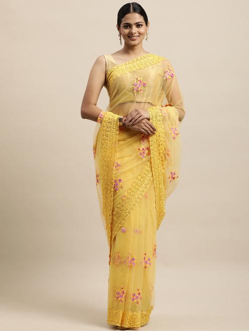 yellow net embroidered saree with blouse - 18323149 - Very Small Image - 1