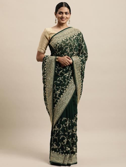 green georgette embroidered saree - 18323150 - Very Small Image - 1