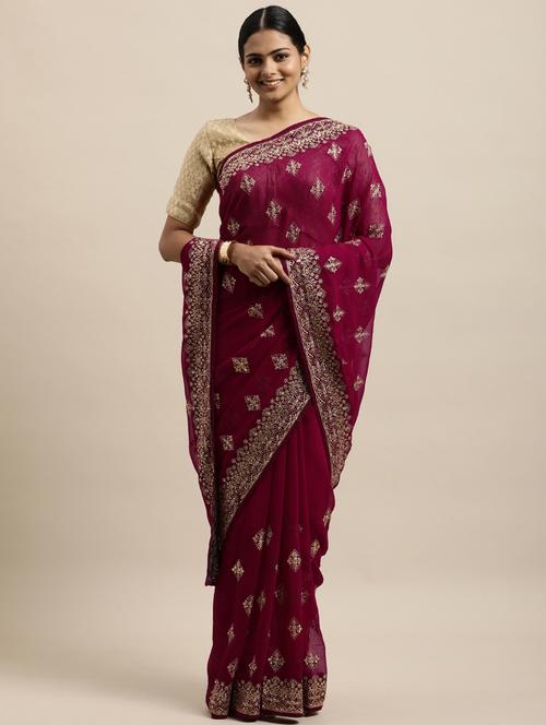 red georgette embroidered saree with blouse - 18323153 - Very Small Image - 1