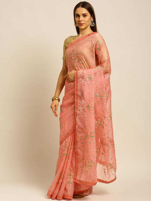 peach lace bordered embroidered saree with blouse - 18323181 - Very Small Image - 1