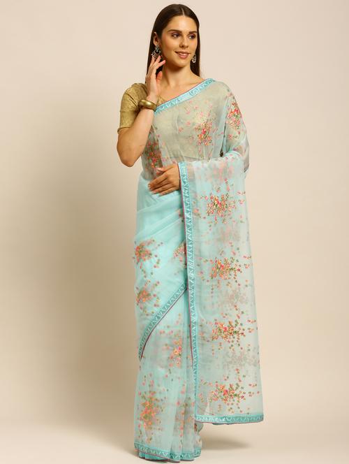 light blue embroidered saree with blouse - 18323182 - Very Small Image - 1