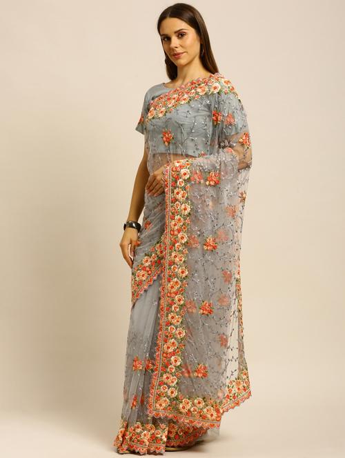 grey net embroidered saree with blouse - 18323197 - Very Small Image - 1