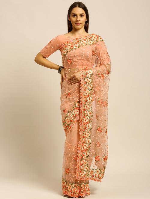 peach net embroidered saree with blouse - 18323198 - Very Small Image - 1