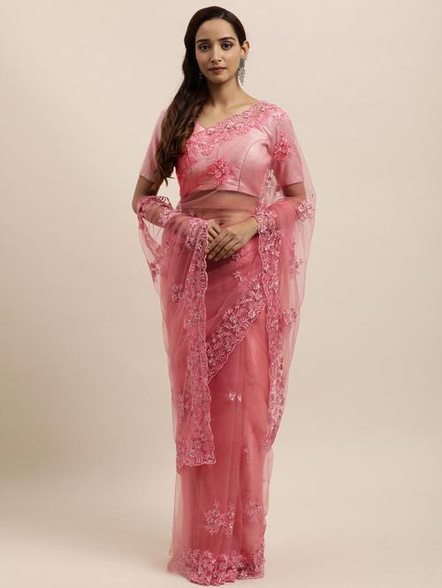 pink net embroidered saree with blouse - 18323208 - Very Small Image - 1