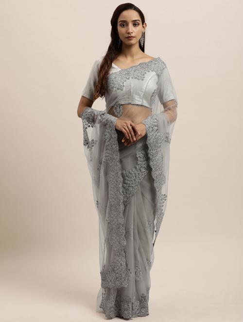 grey net embroidered saree with blouse - 18323220 - Very Small Image - 1