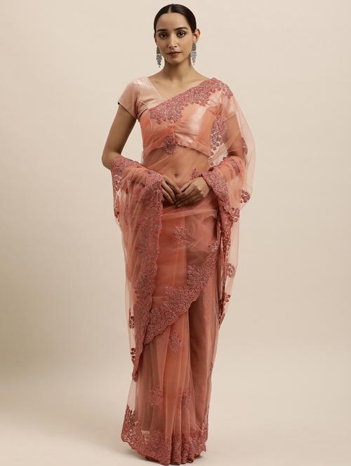 peach net embroidered saree with blouse - 18323222 - Very Small Image - 1