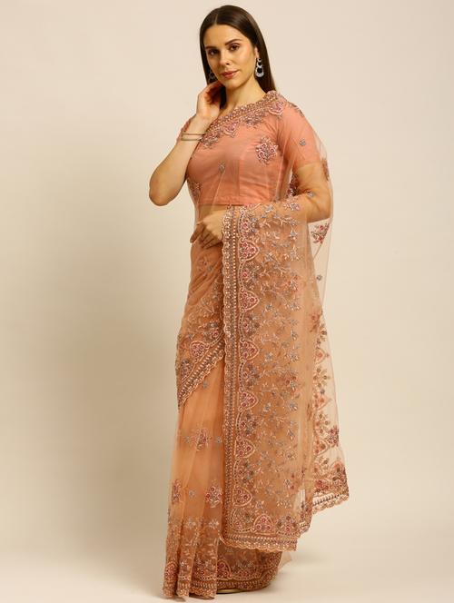 peach net embroidered saree - 18323223 - Very Small Image - 1