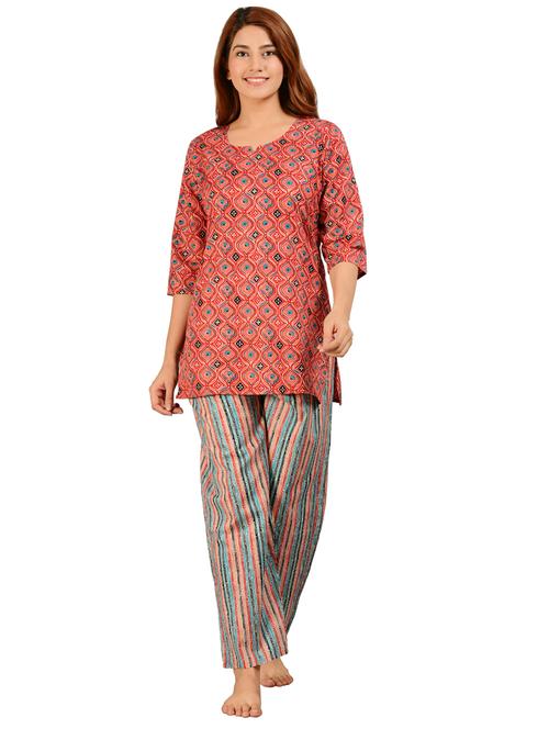 round neck printed nightwear pajama set - 18323500 - Very Small Image - 1