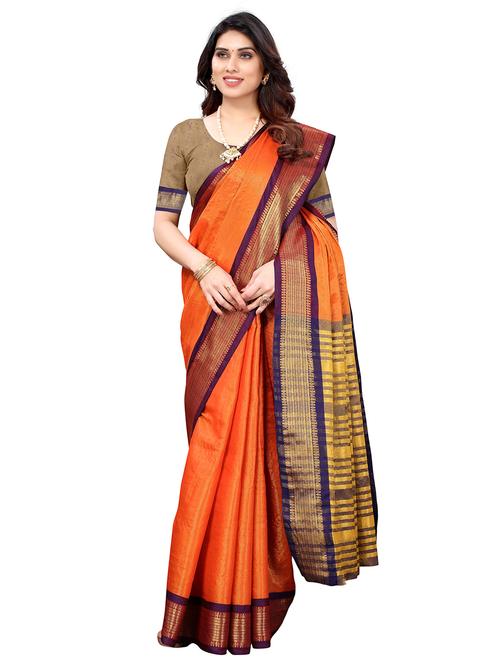 orange cotton kanjivaram saree with blouse - 18323814 - Very Small Image - 1