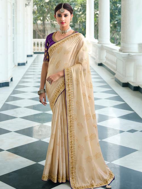cream chiffon embroidered saree with blouse - 18323858 - Very Small Image - 1