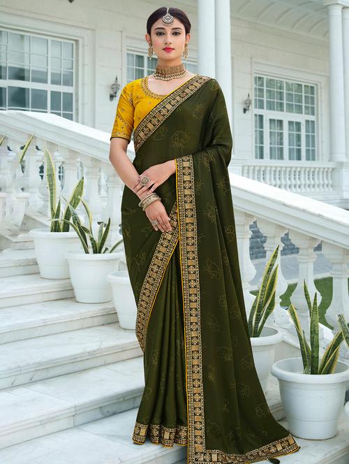 olive embroidered saree - 18323861 - Very Small Image - 1
