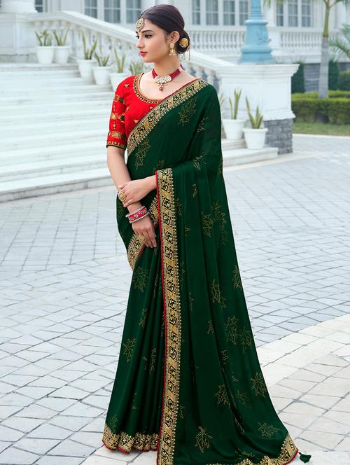 green chiffon embroidered saree with blouse - 18323865 - Very Small Image - 1
