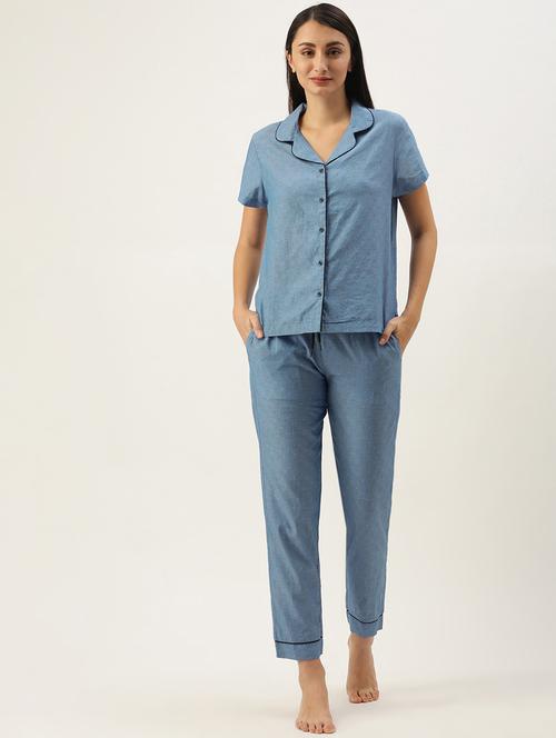 lapel neck printed pyjama set nightwear set - 18324420 - Very Small Image - 1