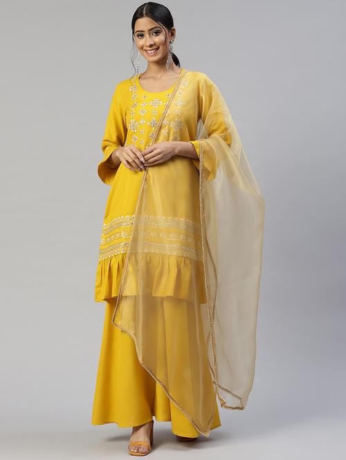 yellow cotton blend kurta sharara set - 18324849 - Very Small Image - 1