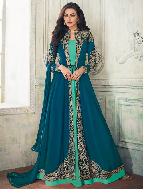 turquoise georgette semistitched suit - 18325668 - Very Small Image - 1