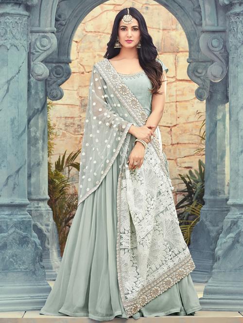 embroidered semi-stitched flared suit set - 18325677 - Very Small Image - 1