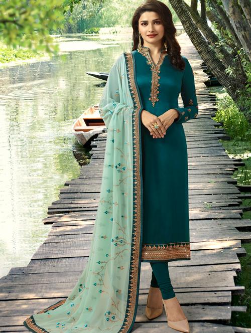 turquoise churidaar suits semi-stitched suit - 18325681 - Very Small Image - 1