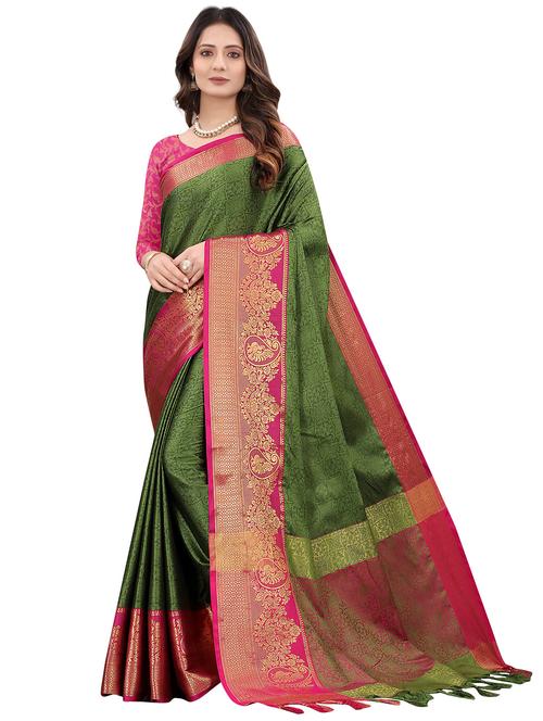 green cotton blend saree with blouse - 18325949 - Very Small Image - 1