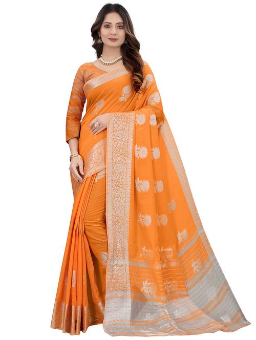 orange linen saree with blouse - 18325960 - Very Small Image - 1