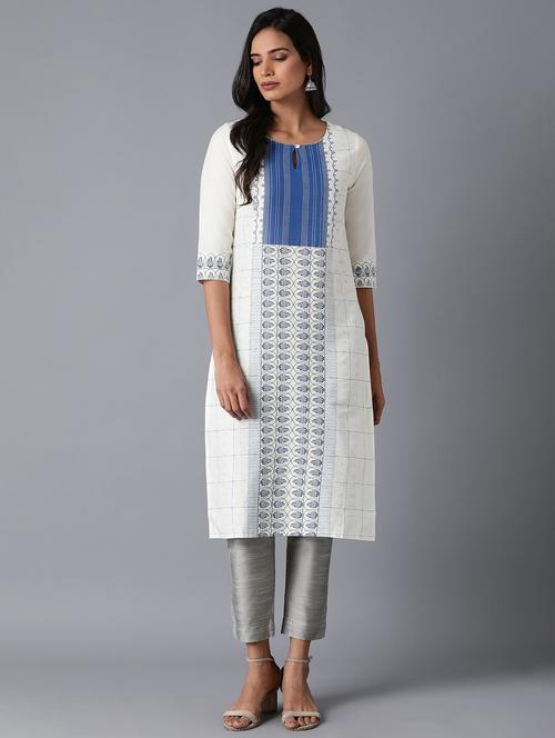white printed blend straight kurta - 18327063 - Very Small Image - 1