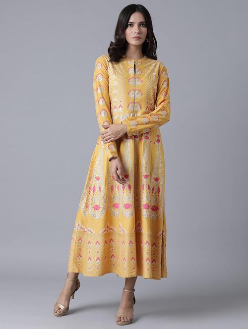 yellow floral flared ethnic dress - 18327136 - Very Small Image - 1