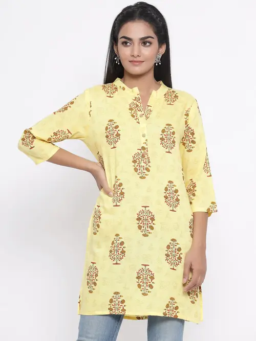 ladies cotton printed kurti yellow color - 18328263 - Very Small Image - 1