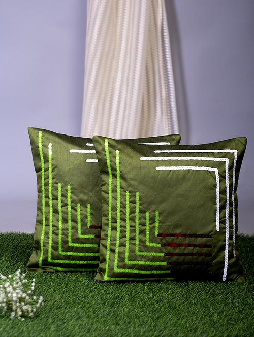 alina decor green embroidered set of 2 cushion covers - 18328490 - Very Small Image - 1