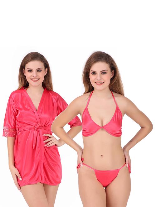 tie front lace detail robe set - 18328987 - Very Small Image - 1